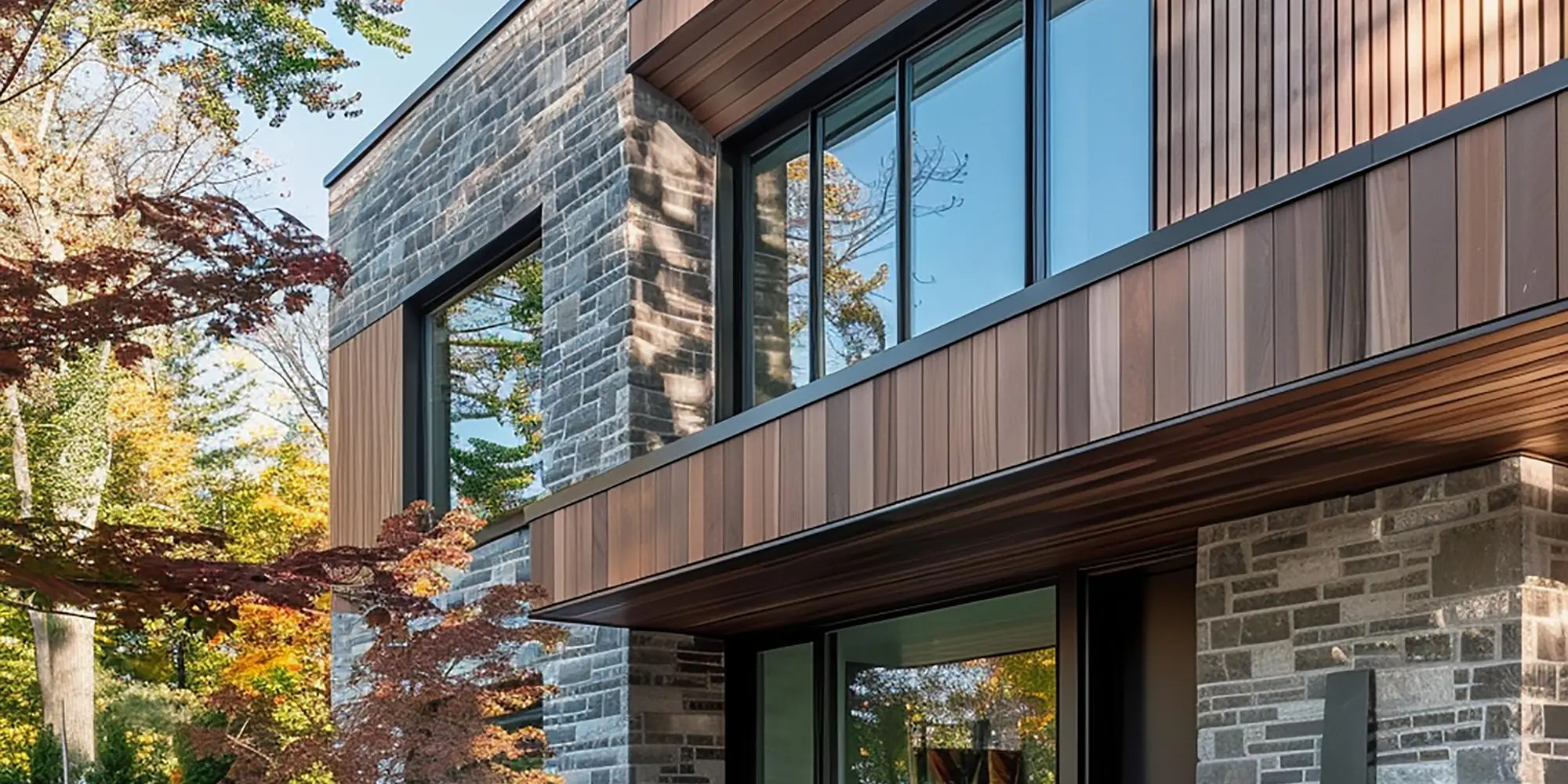 Modern detached unit clad in wood and stone