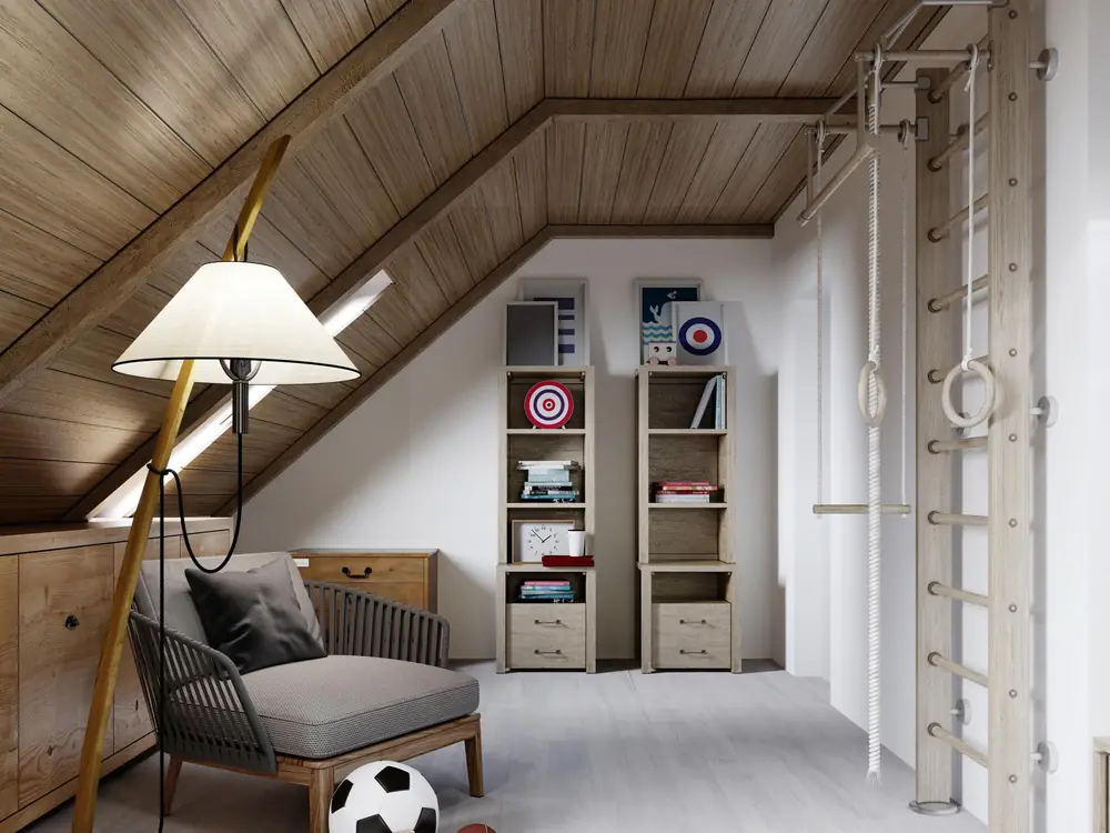 Loft bedroom under a sloped ceiling