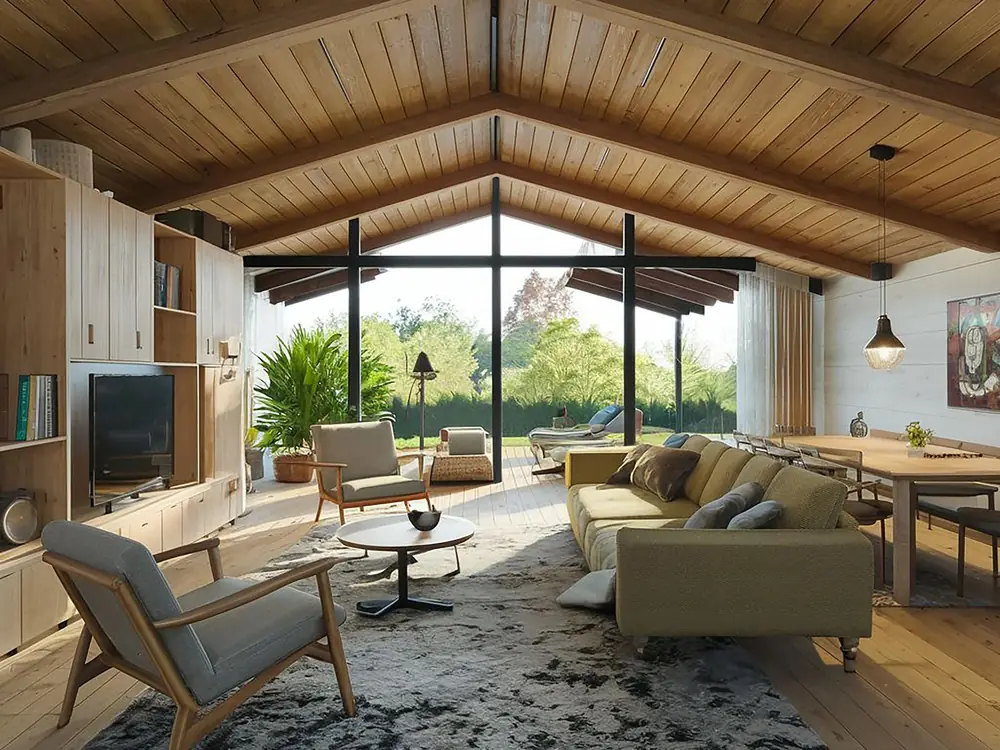 Living room with vaulted timber ceiling